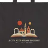 Close-up of the A City with Wisdom to Share Night design printed on a black canvas tote, with the top seam and handles