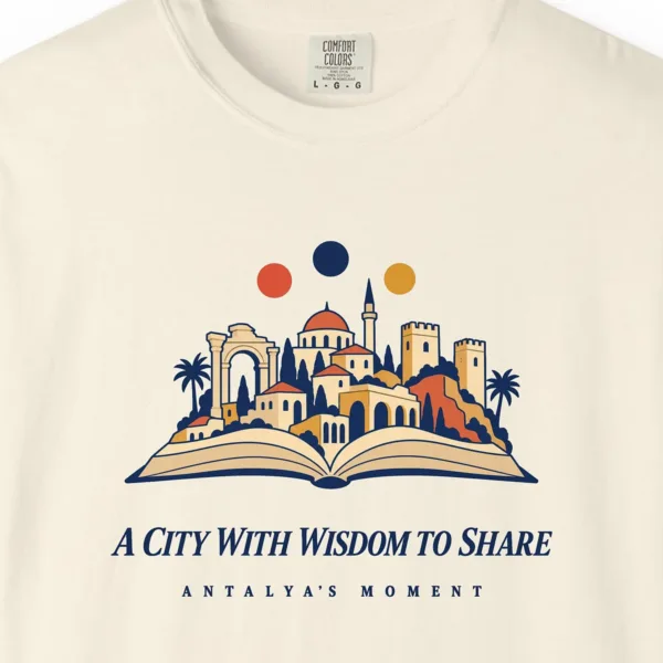a-city-with-wisdom-to-share-tee-ivory-chest-v1 A City with Wisdom to Share Tee in Ivory, close-up
