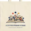 Close-up of the A City with Wisdom to Share design printed on a natural canvas tote, with the top seam and handles