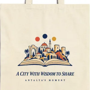 Close-up of the A City with Wisdom to Share design printed on a natural canvas tote, with the top seam and handles