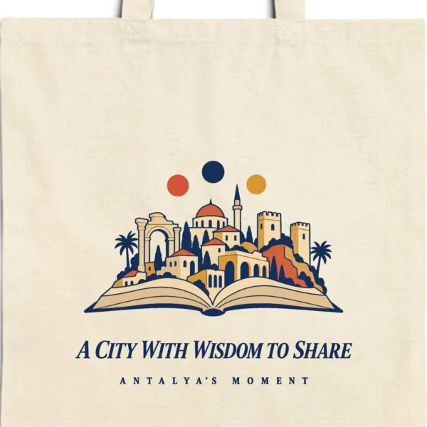 Close-up of the A City with Wisdom to Share design printed on a natural canvas tote, with the top seam and handles