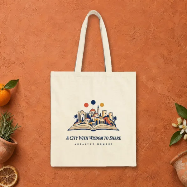 A City with Wisdom to Share design on a natural canvas tote, laid flat