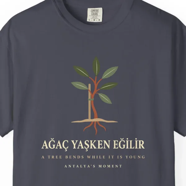 A Tree Bends While It Is Young Night Tee in Navy, close-up