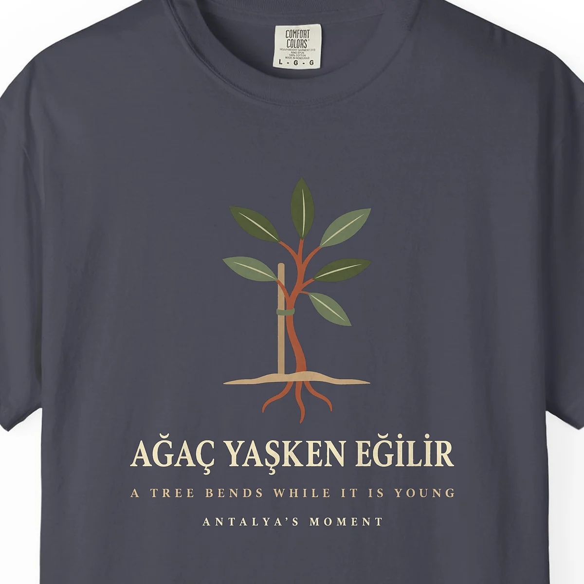 A Tree Bends While It Is Young Night Tee in Navy, close-up