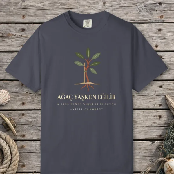 A Tree Bends While It Is Young Night Tee in Navy, front view