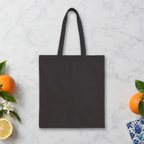 Plain back of the black canvas tote with the Attalia Adalya Antalya Night design, printed on the front only