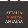Close-up of the Attalia Adalya Antalya Night design printed on a black canvas tote, with the top seam and handles