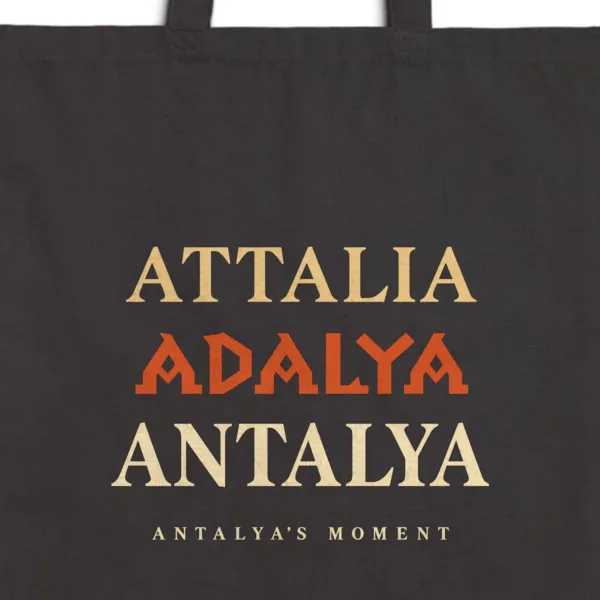 Close-up of the Attalia Adalya Antalya Night design printed on a black canvas tote, with the top seam and handles