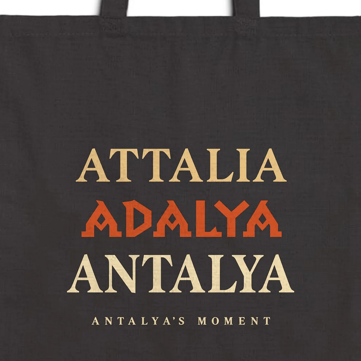 Close-up of the Attalia Adalya Antalya Night design printed on a black canvas tote, with the top seam and handles