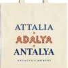 attalia-adalya-antalya-tote-natural-detail-v1 Close-up of the Attalia Adalya Antalya design printed on a natural canvas tote, with the top seam and handles