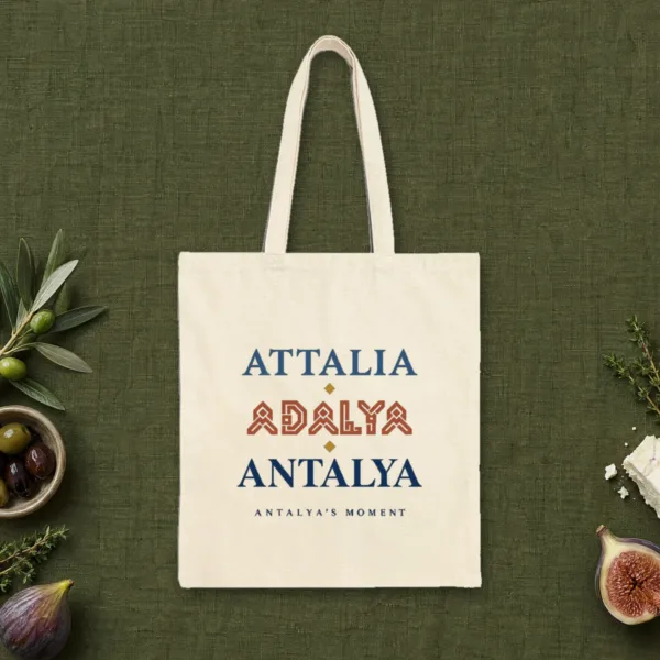 attalia-adalya-antalya-tote-natural-front-v1 Attalia Adalya Antalya design on a natural canvas tote, laid flat