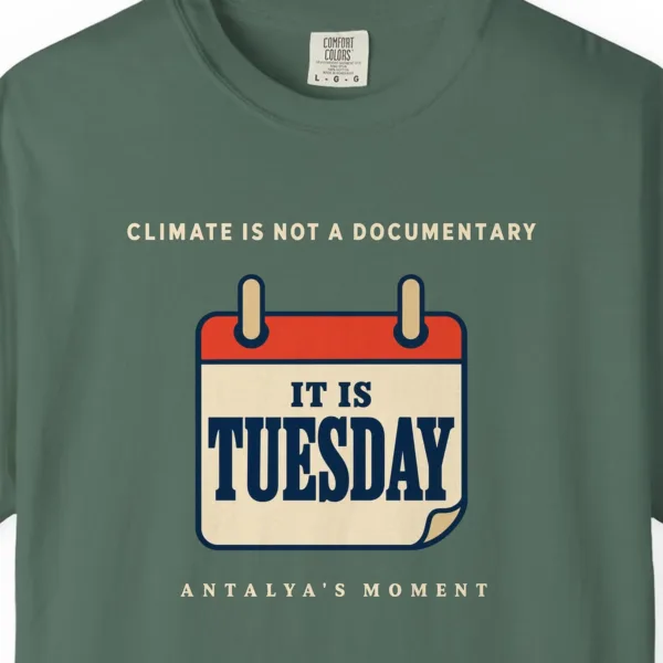 climate-is-not-a-documentary-night-tee-blue-spruce-chest-v1 Climate Is Not a Documentary Night Tee in Blue Spruce, close-up
