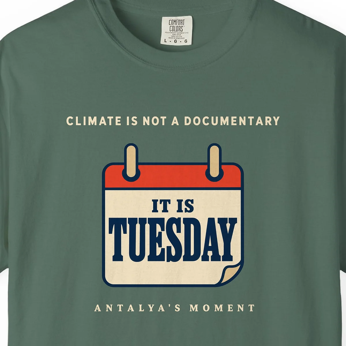 Climate Is Not a Documentary Night Tee in Blue Spruce, close-up