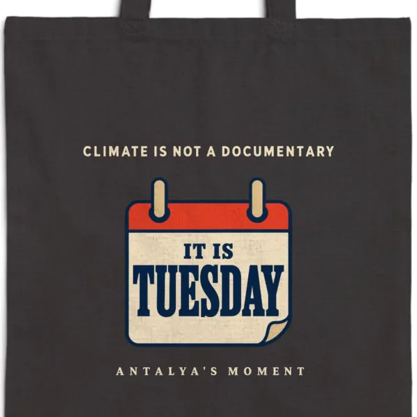Close-up of the Climate Is Not a Documentary Night design printed on a black canvas tote, with the top seam and handles