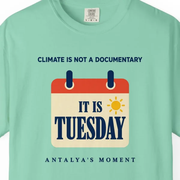 Climate Is Not a Documentary Tee in Island Reef, close-up