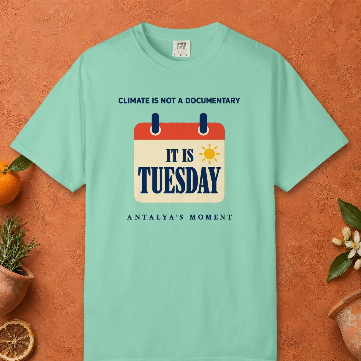 Climate Is Not a Documentary Tee in Island Reef, front view