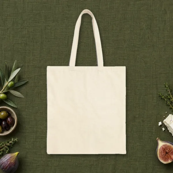 climate-is-not-a-documentary-tote-natural-back-v1 Plain back of the natural canvas tote with the Climate Is Not a Documentary design, printed on the front only