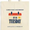 climate-is-not-a-documentary-tote-natural-detail-v1 Close-up of the Climate Is Not a Documentary design printed on a natural canvas tote, with the top seam and handles