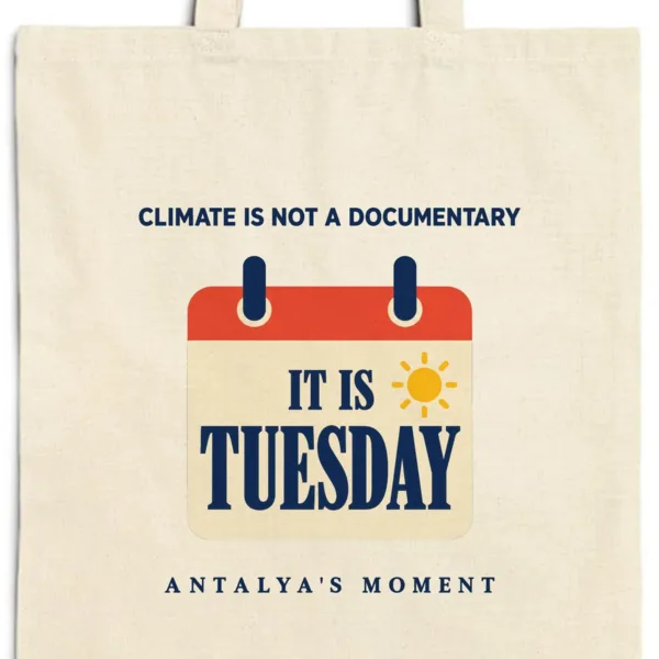 climate-is-not-a-documentary-tote-natural-detail-v1 Close-up of the Climate Is Not a Documentary design printed on a natural canvas tote, with the top seam and handles