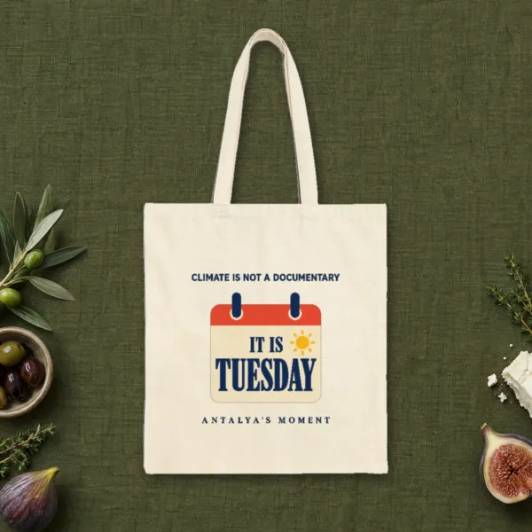 climate-is-not-a-documentary-tote-natural-front-v1 Climate Is Not a Documentary design on a natural canvas tote, laid flat