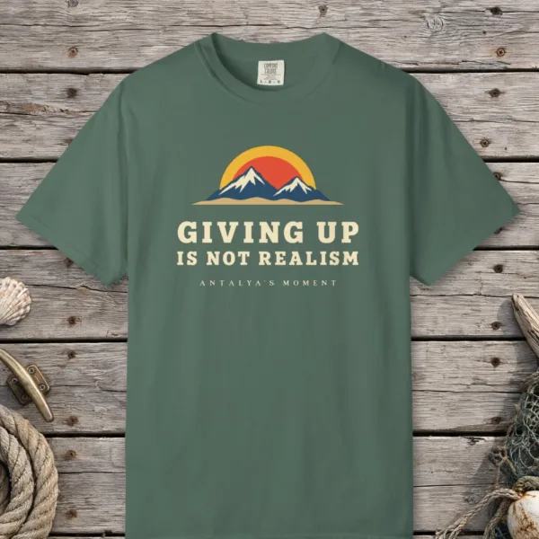 Giving Up Is Not Realism Night Tee in Blue Spruce, front view