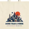 Close-up of the More Than a Venue design printed on a natural canvas tote, with the top seam and handles