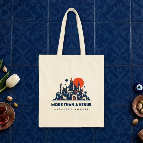 More Than a Venue design on a natural canvas tote, laid flat