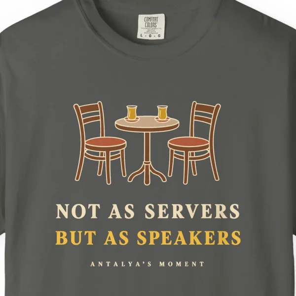 Not as Servers, but as Speakers Night Tee in Pepper, close-up