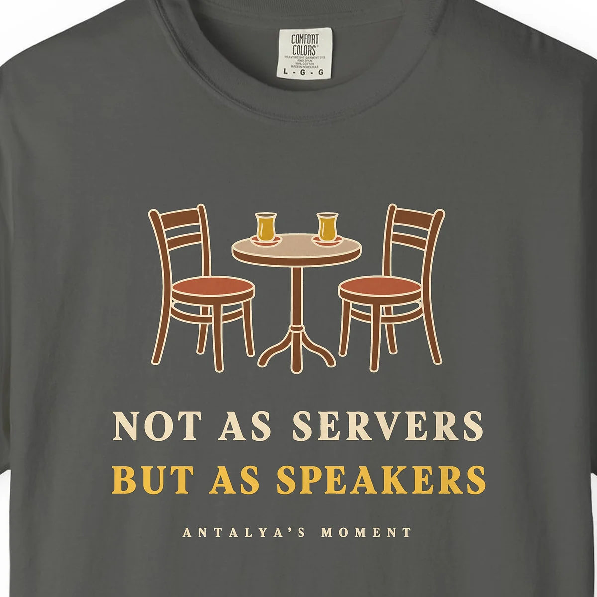 Not as Servers, but as Speakers Night Tee in Pepper, close-up