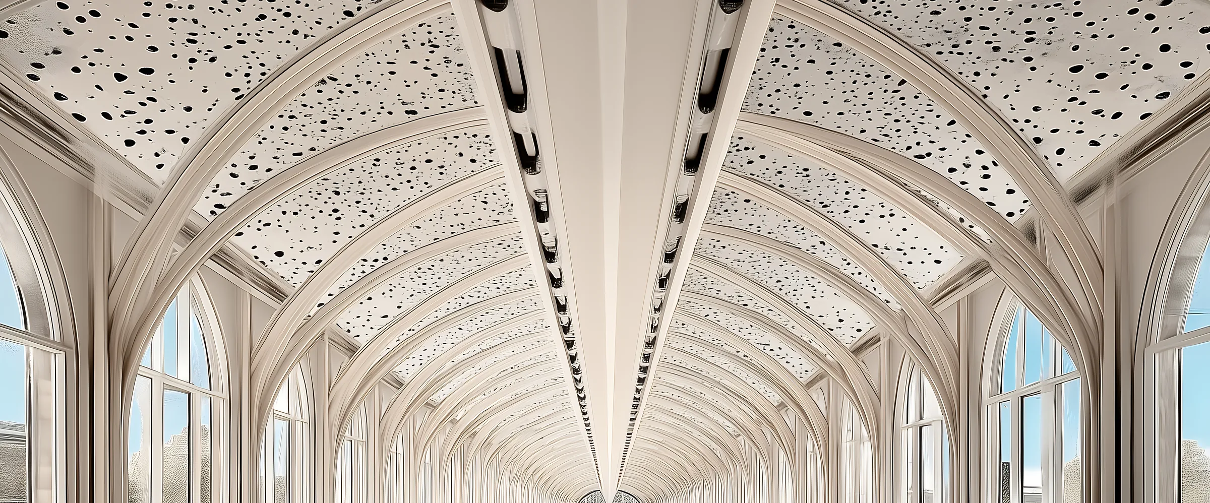 A long vaulted ceiling in fine white line, drawn in deep perspective, a plate from the book
