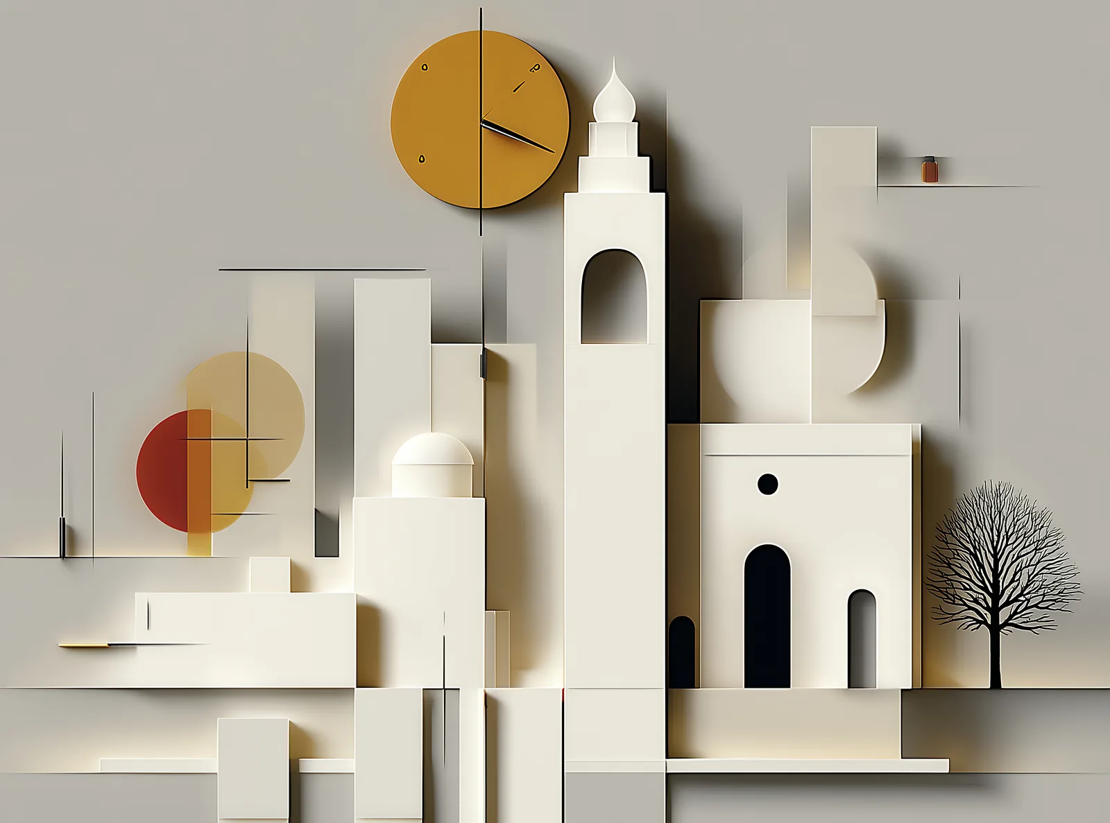 A white city of stacked paper forms under a gold clock, with one bare tree at the edge, the plate that opens the Preface