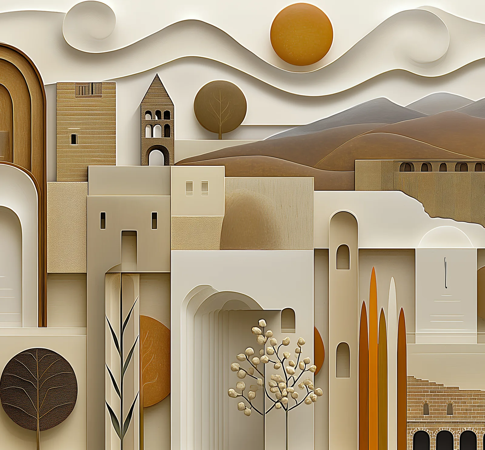 Sand, cream and terracotta forms layered like cut card, a bell tower and a gold sun over soft hills, a plate from the book