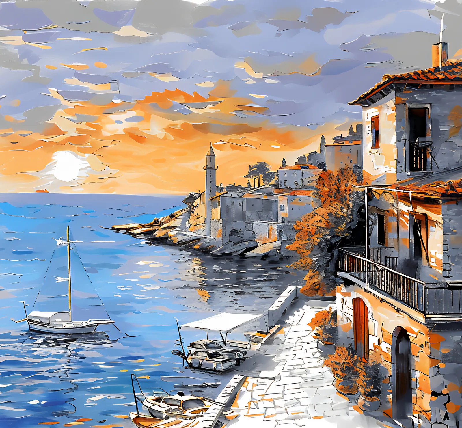 Stone houses and a lighthouse over a calm bay at sunset, painted in heavy strokes of orange and blue, a plate from the book