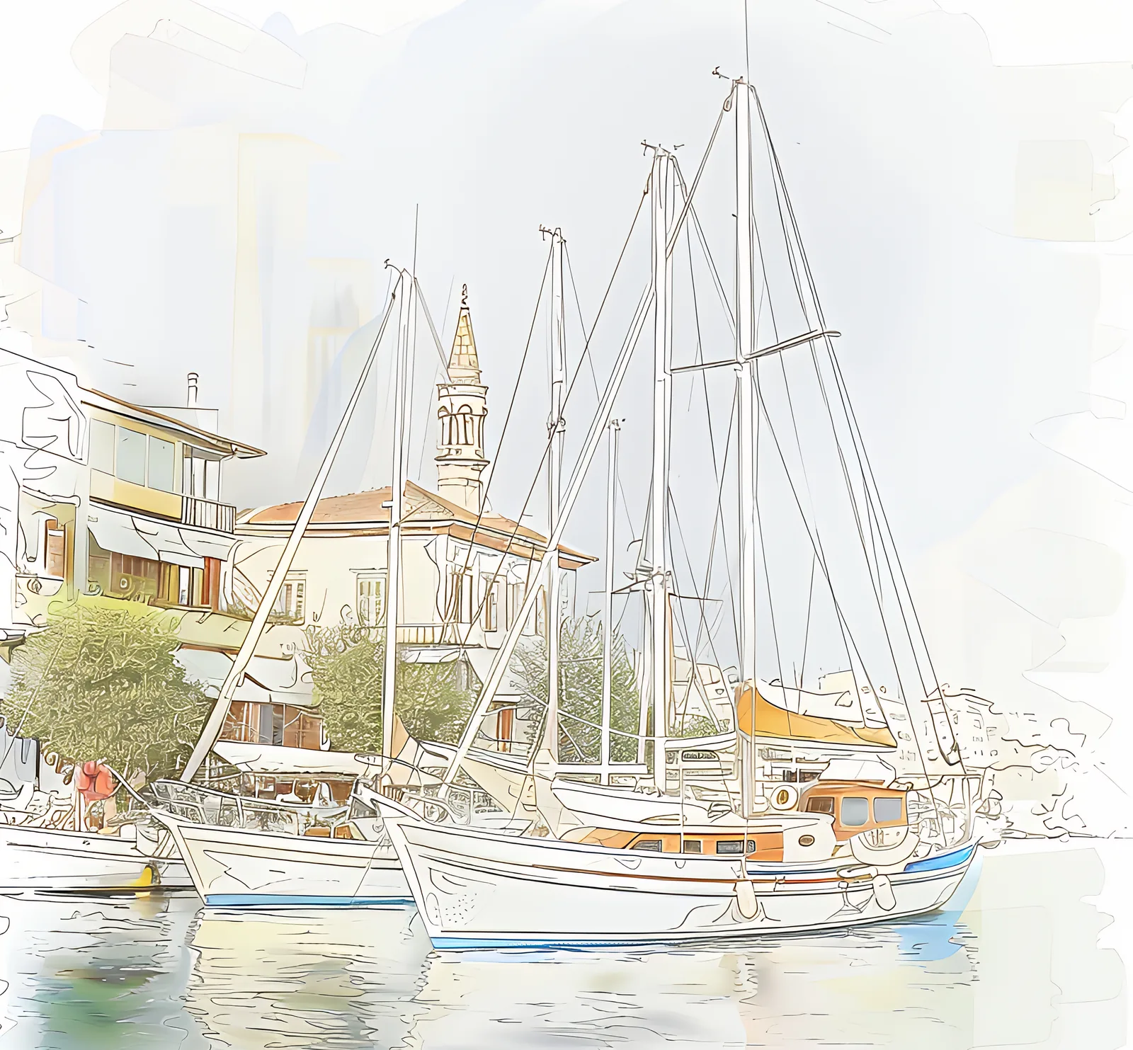 Sailing boats moored below the old town, drawn in fine line with touches of watercolor, a plate from the book