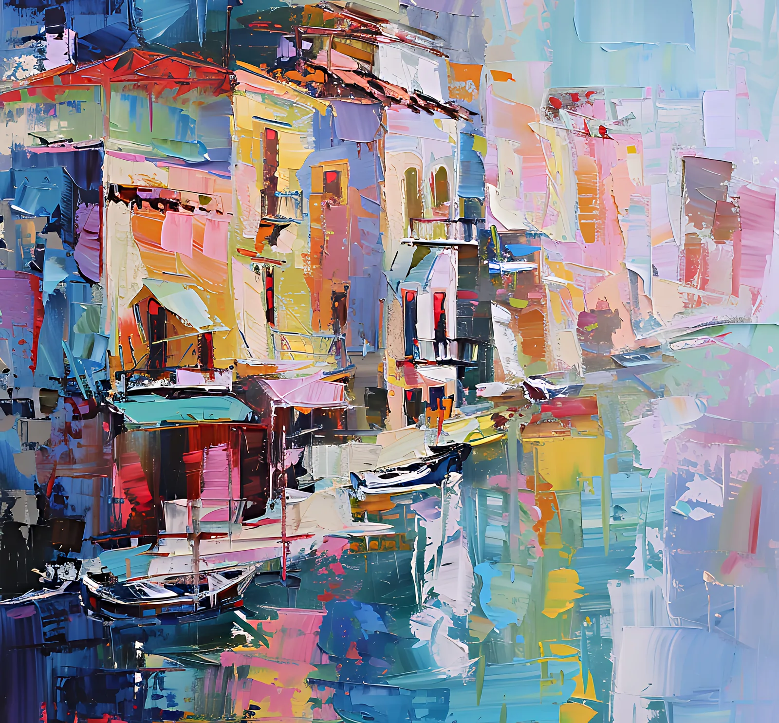 Houses and boats in the harbor, dissolved into thick palette-knife color, a plate from the book