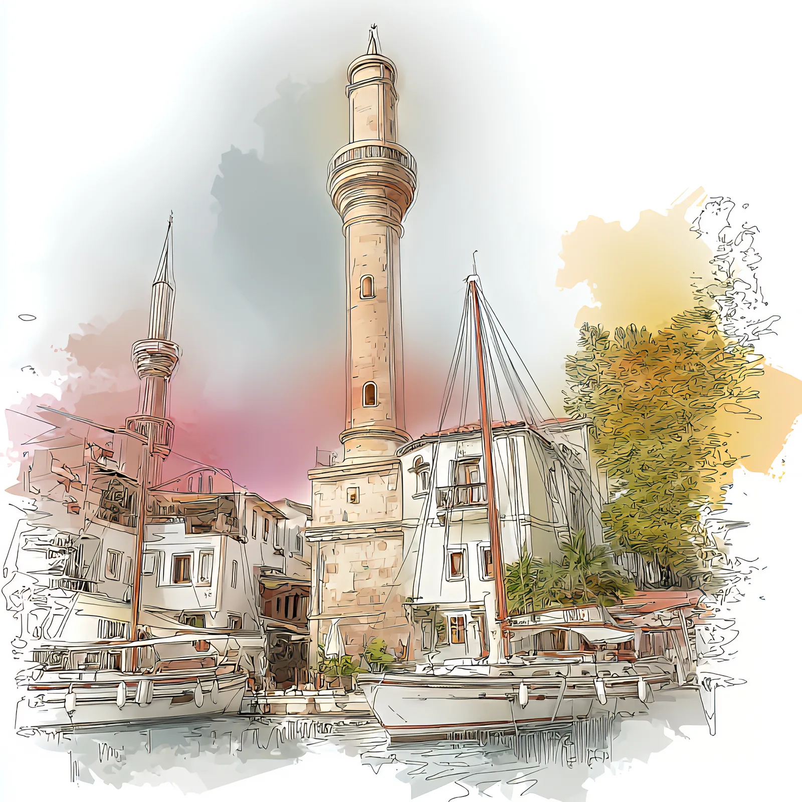 A tall minaret and old houses above moored boats, in line drawing with washes of rose, gold and green, a plate from the book