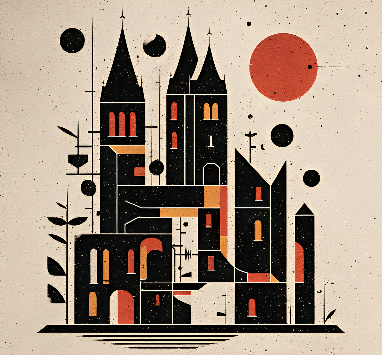 A city of black spires and arches on a speckled cream ground under a red sun, a plate from the book