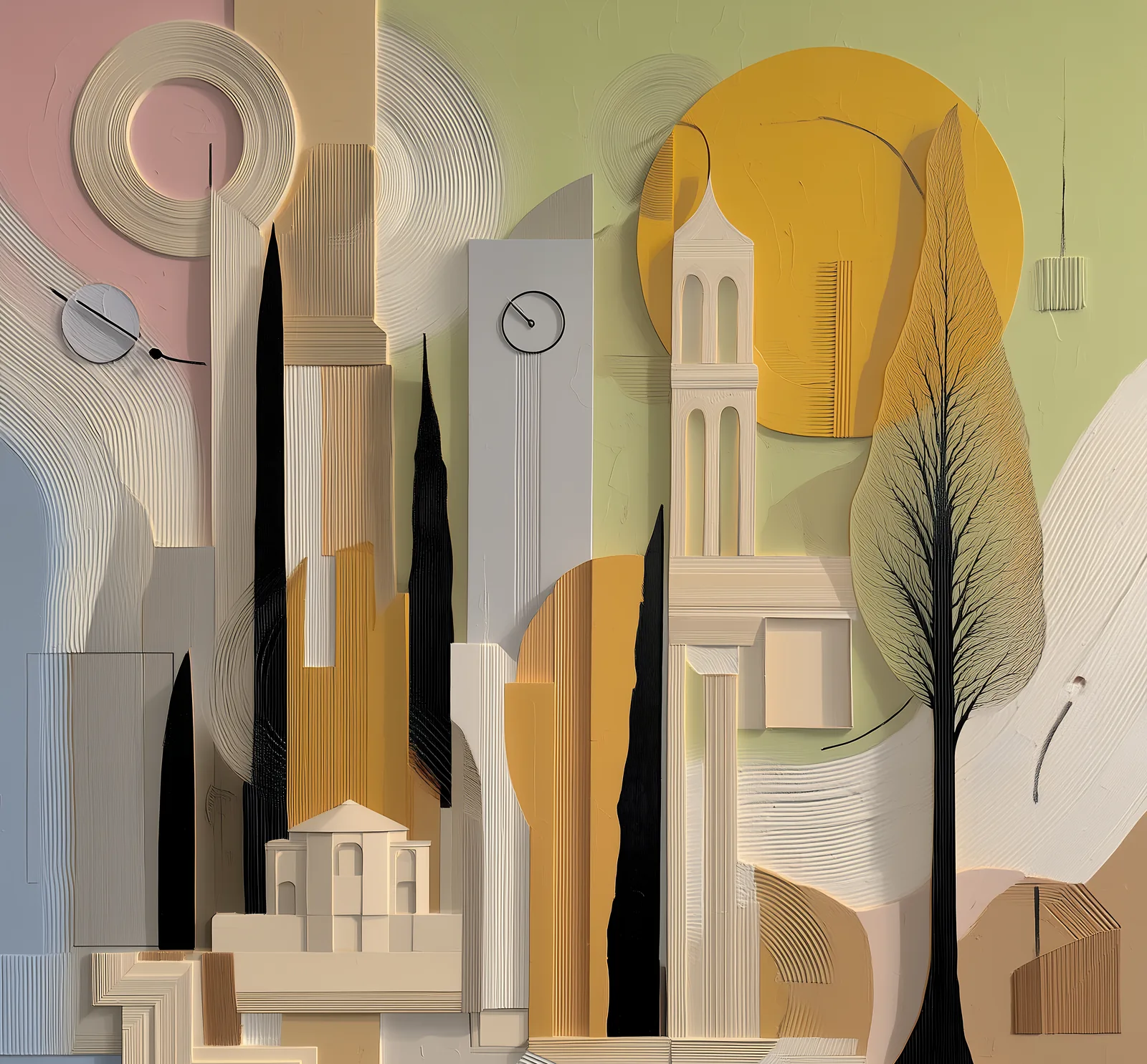 A pale city with a clock tower, dark cypresses and a gold sun on a field of rose and green, a plate from the book