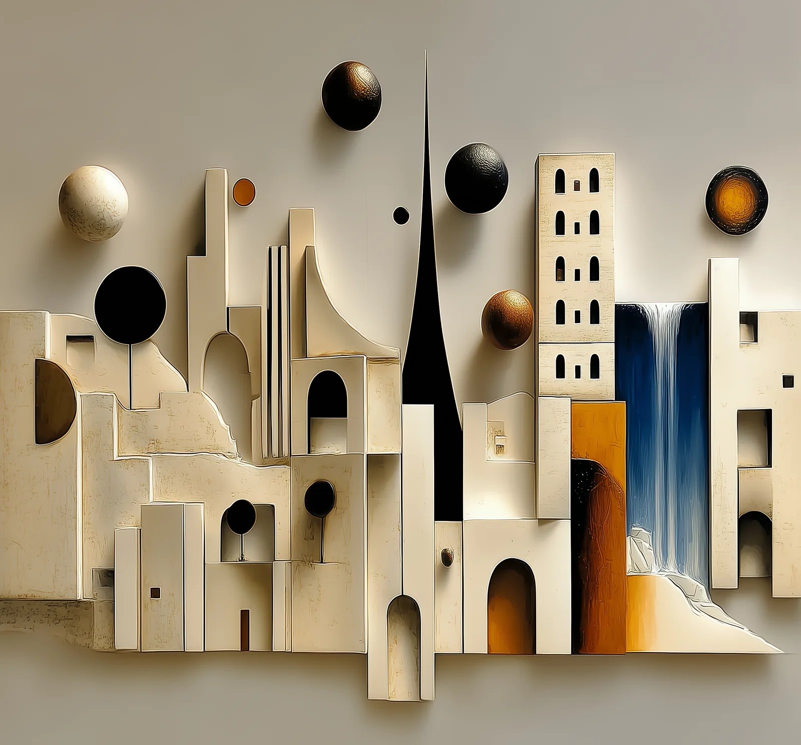 Cream towers and arches under floating spheres of black, bronze and rust, a plate from the book