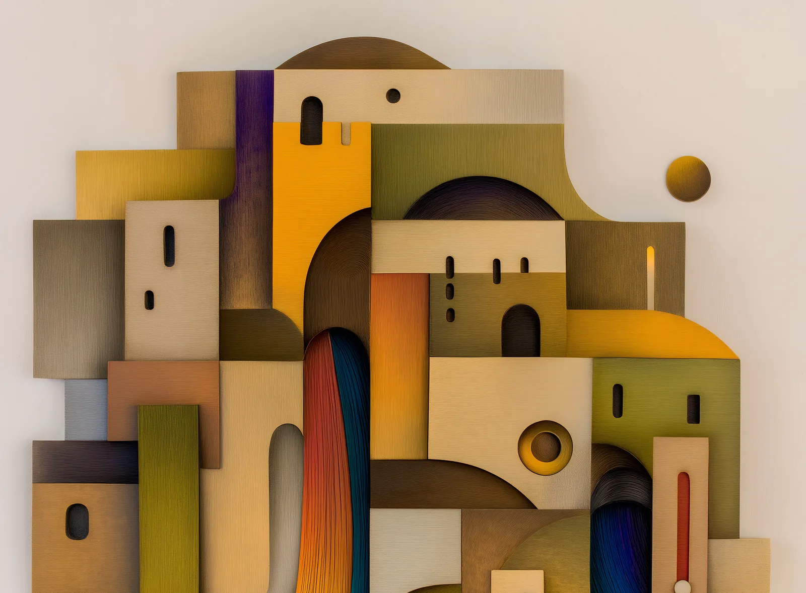 A cluster of houses in ochre, olive, rust and violet with arched windows, the plate that opens the Epilogue