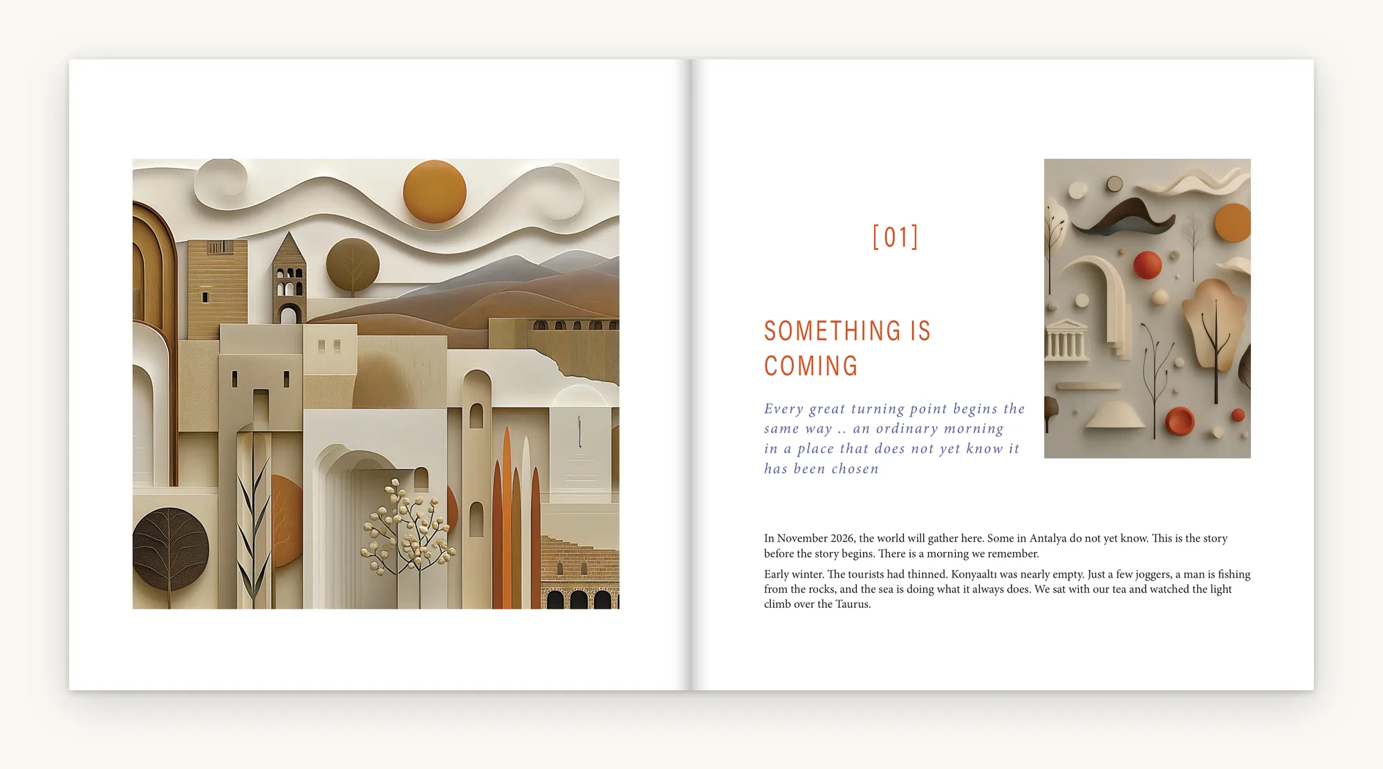 Pages 14 and 15: a paper-relief plate facing the opening of chapter 01
