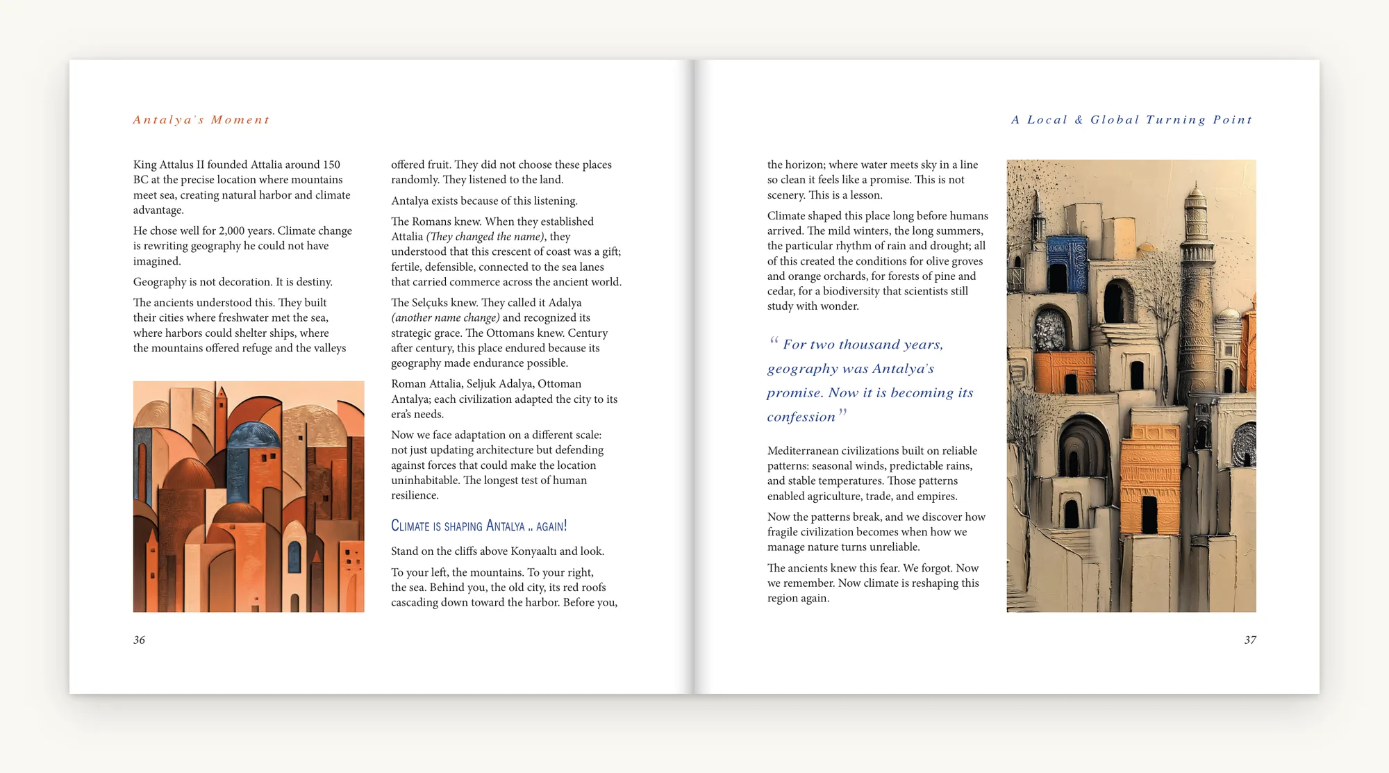 Pages 36 and 37: text facing a plate of tall houses in ochre and blue