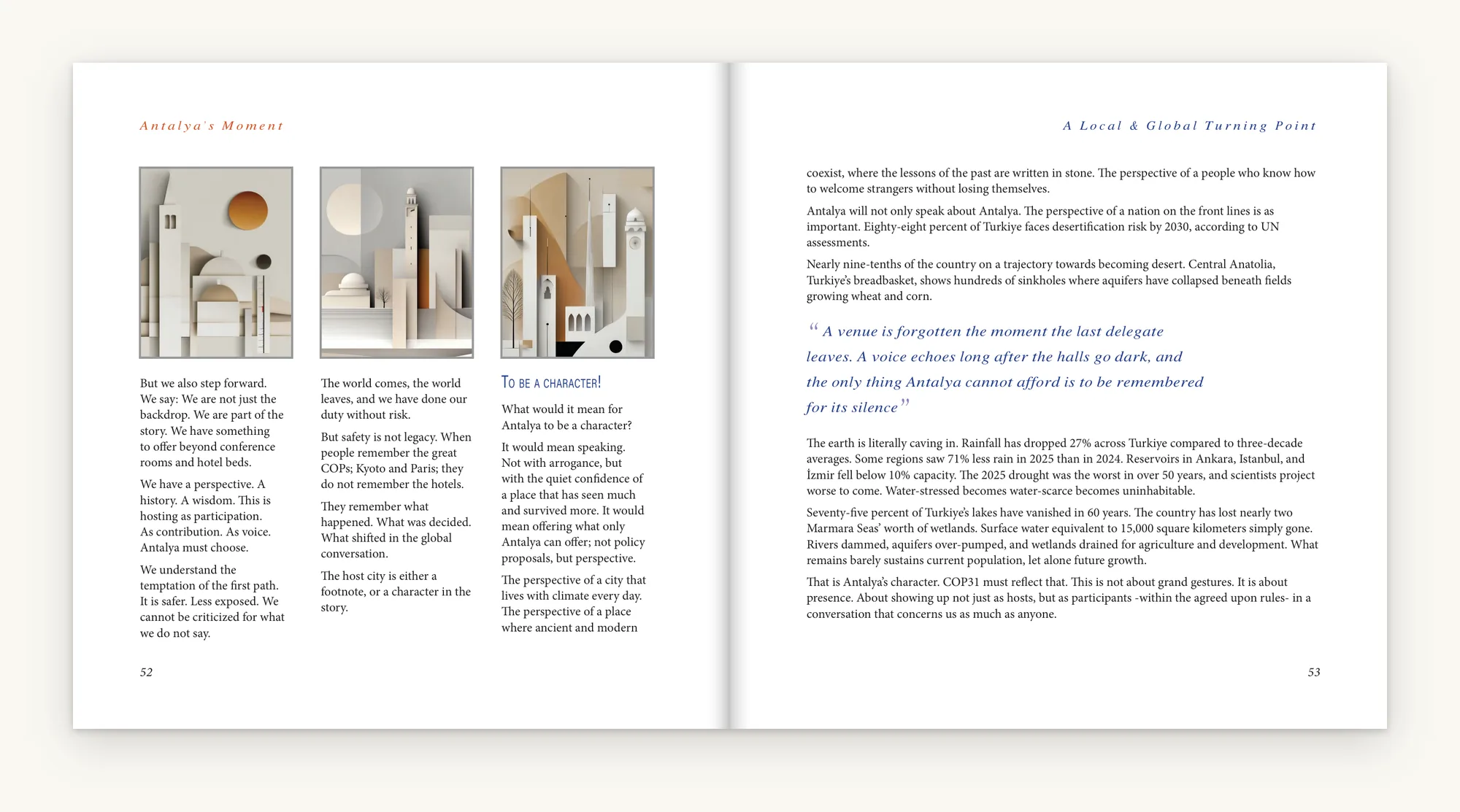 Pages 52 and 53: the two ways to host the world