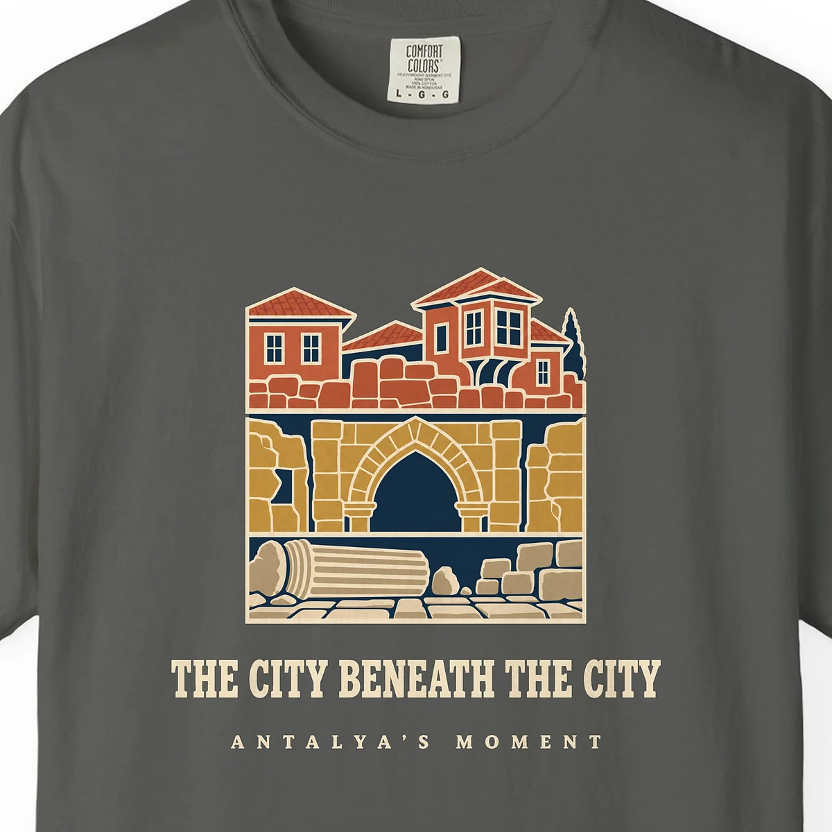 The City Beneath the City Night Tee in Pepper, close-up