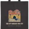 Close-up of the The City Beneath the City Night design printed on a black canvas tote, with the top seam and handles