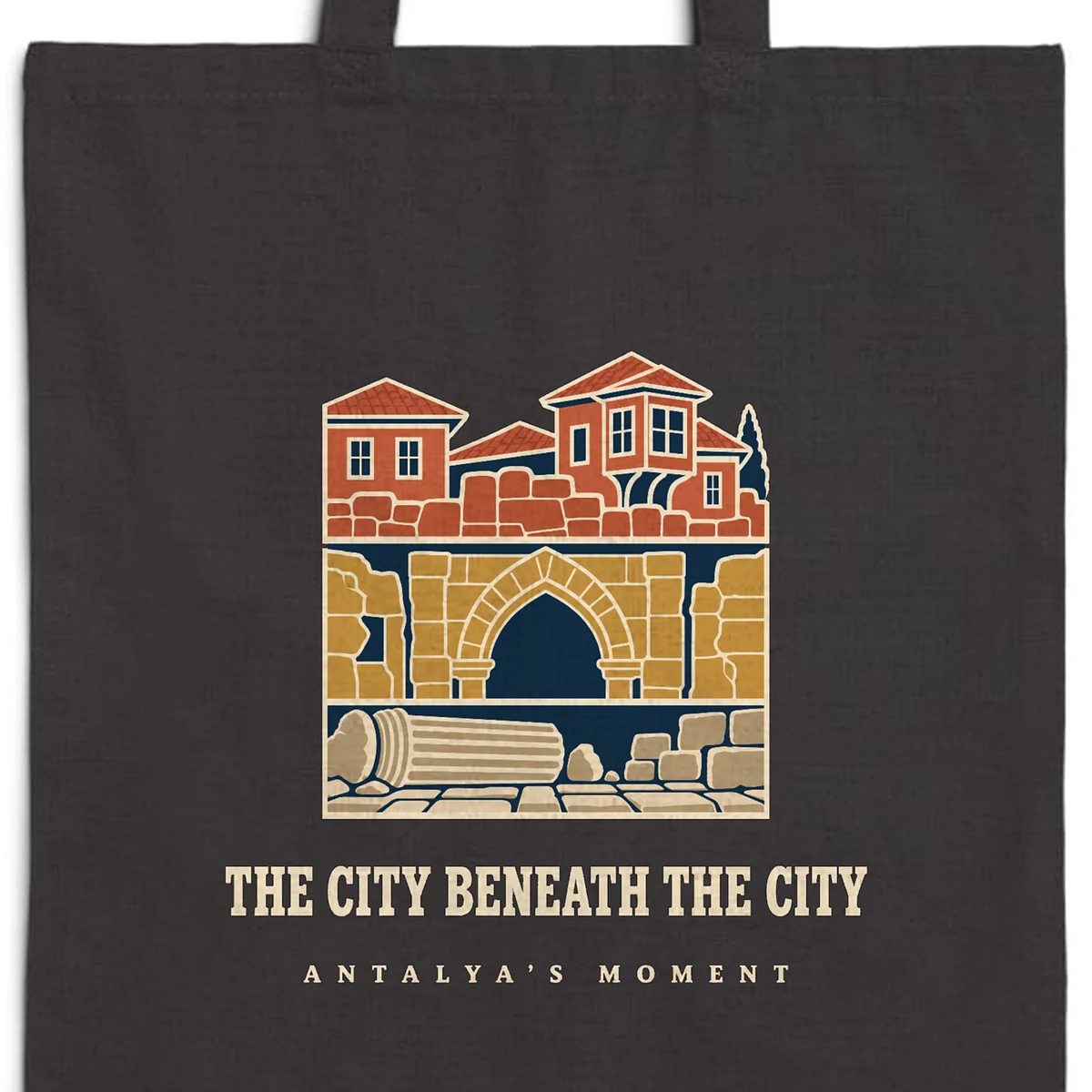 Close-up of the The City Beneath the City Night design printed on a black canvas tote, with the top seam and handles