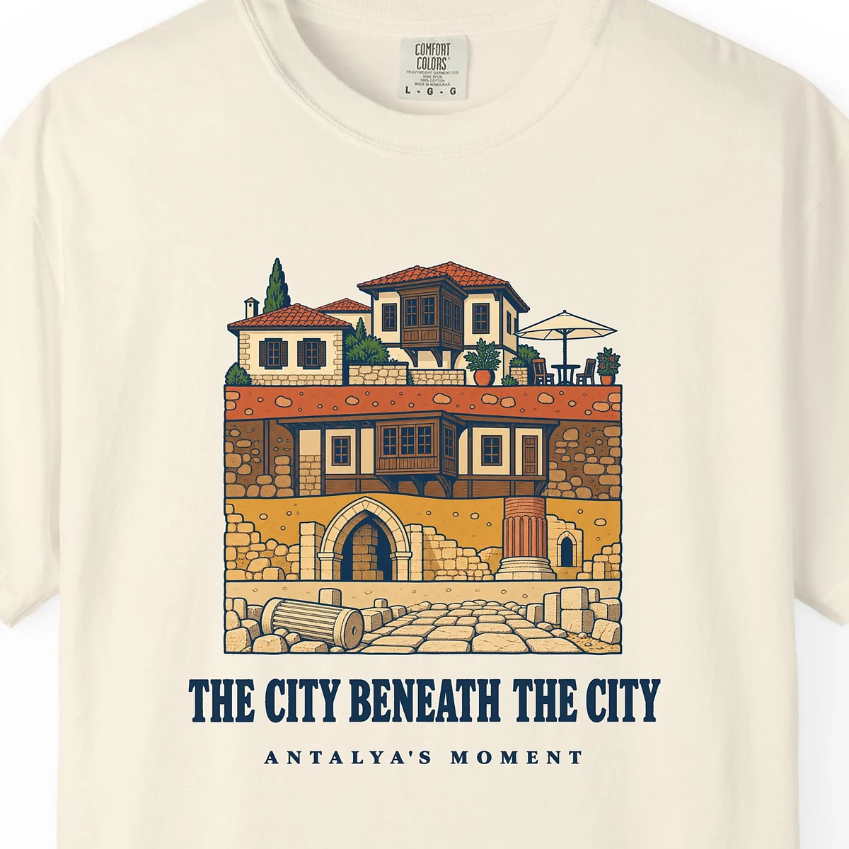 The City Beneath the City Tee in Ivory, close-up