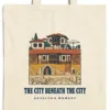 Close-up of the The City Beneath the City design printed on a natural canvas tote, with the top seam and handles