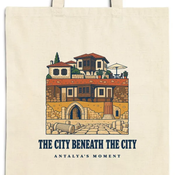 Close-up of the The City Beneath the City design printed on a natural canvas tote, with the top seam and handles