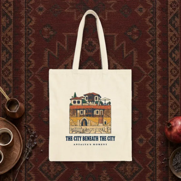 The City Beneath the City design on a natural canvas tote, laid flat